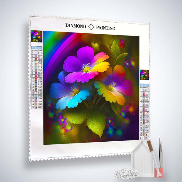 AB Diamond Painting Zauberblumen Kit with colorful floral design, professional canvas, acrylic diamonds, precision tweezers, and setting tools