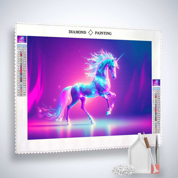 Diamond painting kit showing a vibrant, sparkling unicorn against a mystical background, with included tools displayed in the foreground.