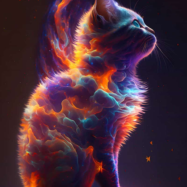 Rainbow cat painting with vibrant colors and luminescent swirls, showcasing the relaxing effect of painting by numbers.