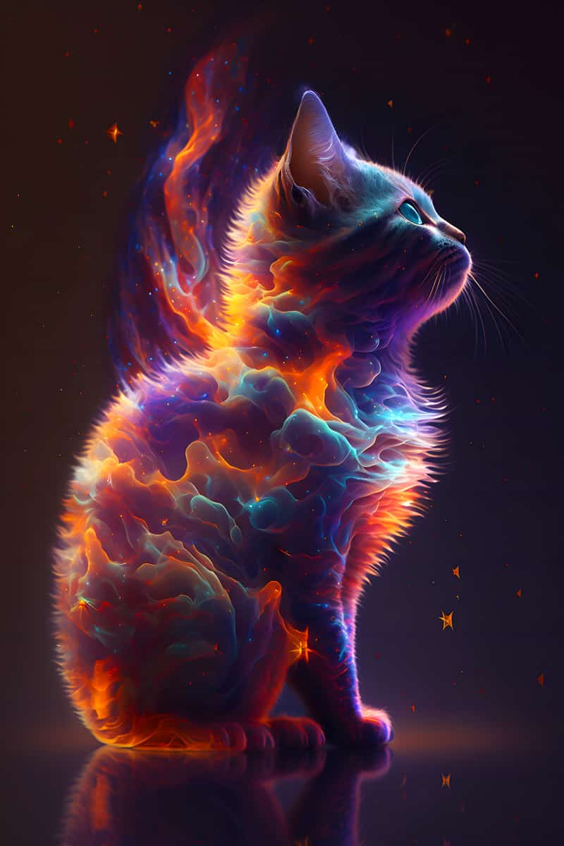 Vibrant rainbow cat in digital artwork with glowing, colorful fur on a dark background.