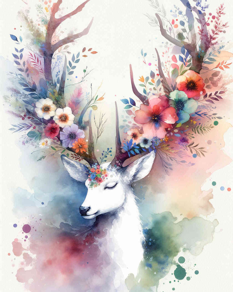 Aquarellbild eines Rehs mit buntem Blumengeweih vor weißem Hintergrund; harmonische Mischung aus Pastellfarben und Waldfarben.