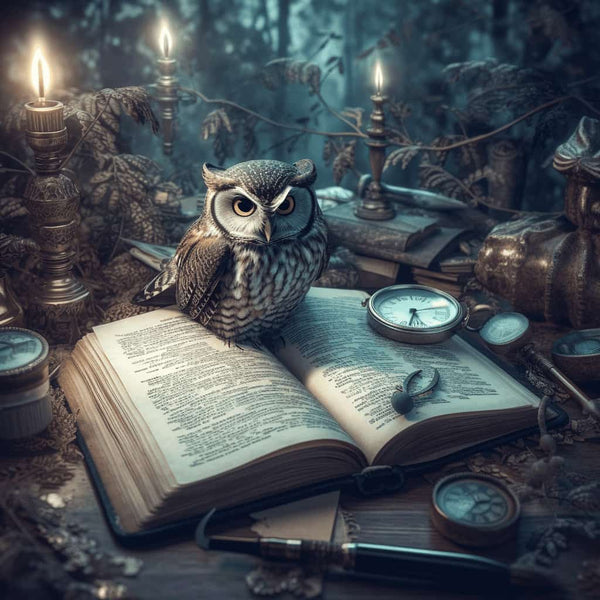 Impressive painting of an owl perched on a book surrounded by candles and antique objects, perfect for relaxing with paint-by-numbers.