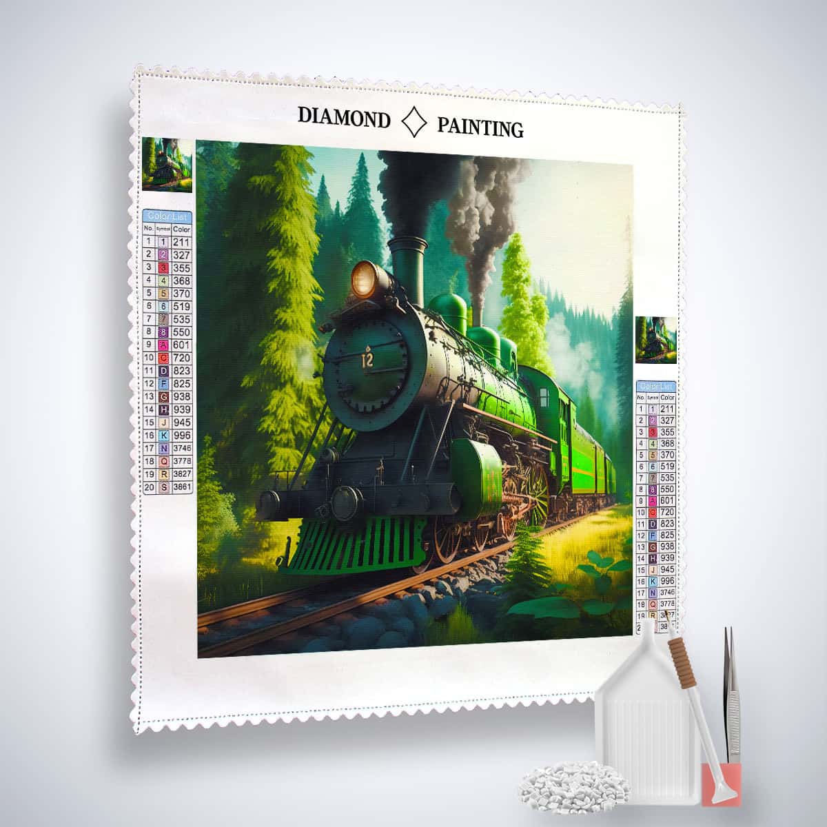 Diamond Painting Kit - Grüner Zug im Wald mit Leinwand, Acryl Diamonds und Werkzeug-Set, Kunst, die funkelt! ✨