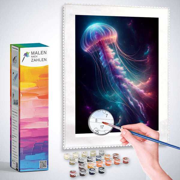 Painting by numbers kit featuring a luminous jellyfish in an abstract underwater scenery with vibrant purple and blue hues, next to a hand showcasing the painting process.
