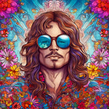 Diamond Painting - Hippie Mann mit Blumen und Sonnenbrille im Bohème-Stil.