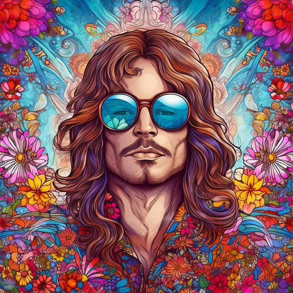 Diamond Painting - Hippie Mann mit Blumen und Sonnenbrille im Bohème-Stil.