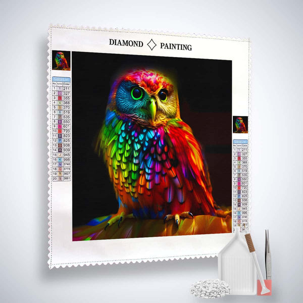 AB Diamond Painting Kit - Eule Frontal bei Nacht with colorfully illuminated owl on black background, tools included.