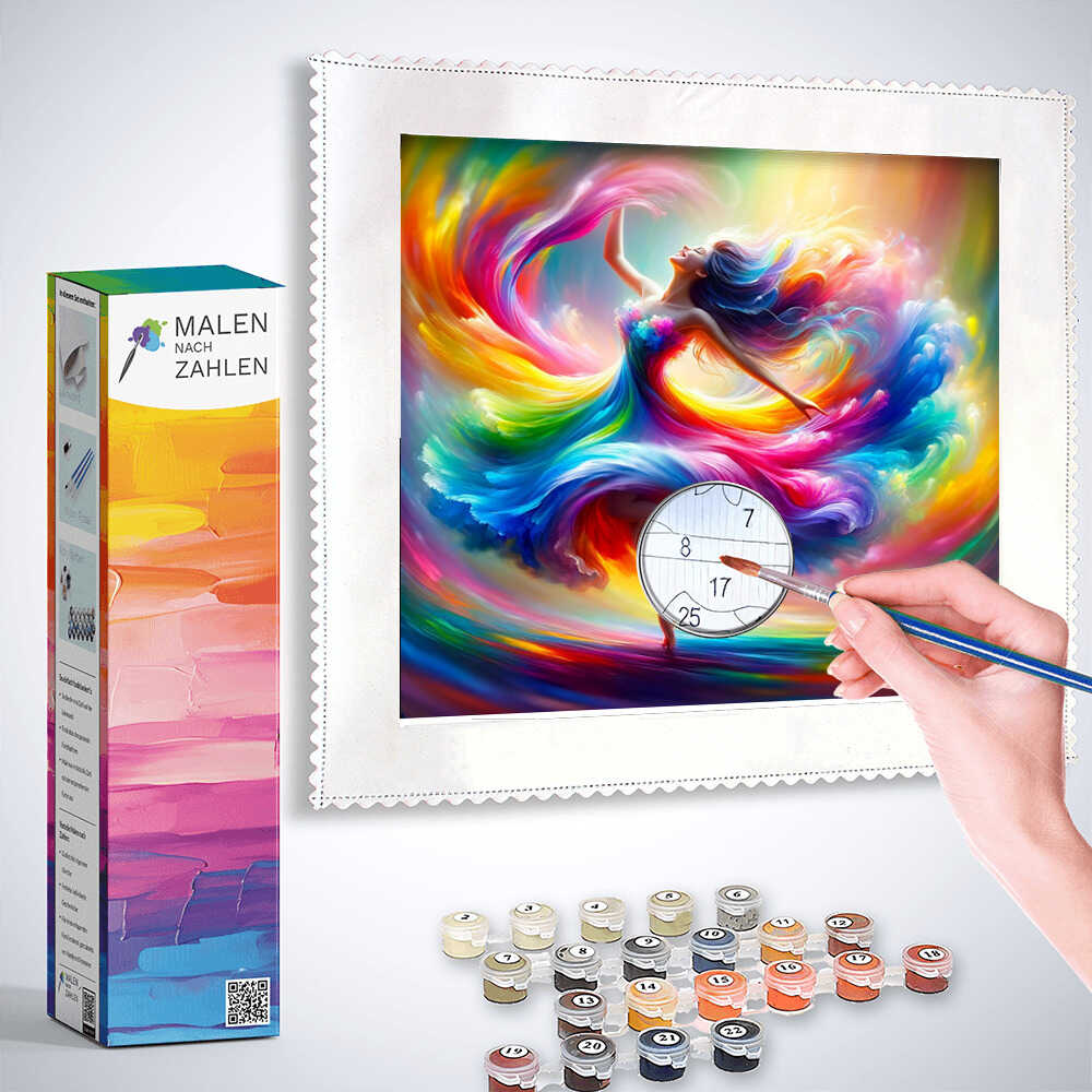"Malen nach Zahlen - Tanz des Lebens kit with colorful dance painting in progress, hand holding brush, and organized paint pots."