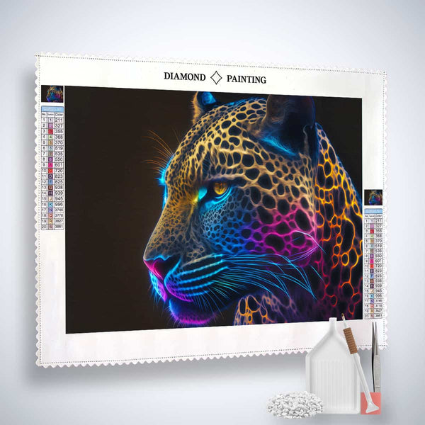 AB Diamond Painting Leopard Farbenspiel kit with professional canvas, acrylic diamonds, artist tweezers, and setting tools.