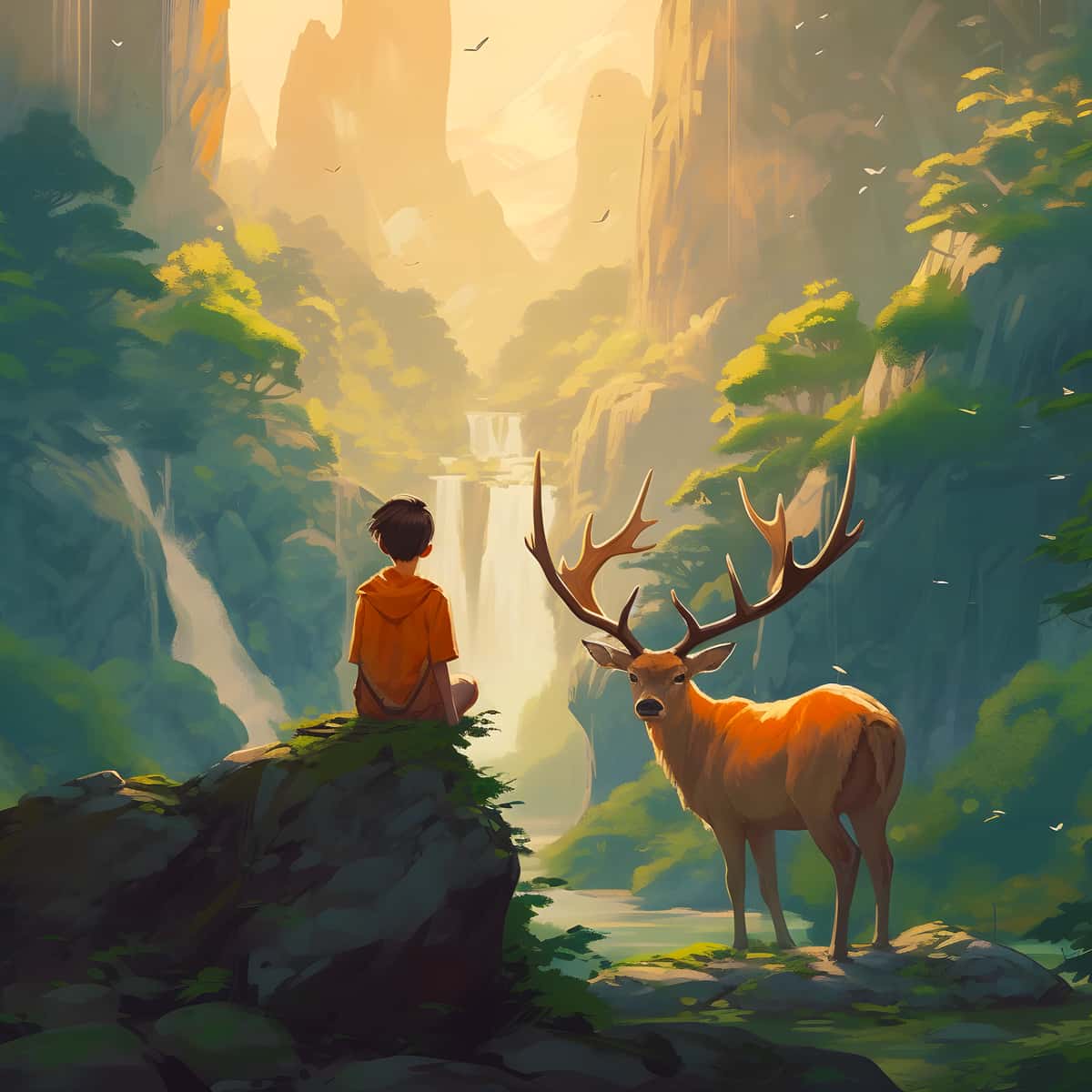 Junge mit Hirsch im Wald - Diamond Painting Kit, beeindruckendes Motiv für kreative Kunstprojekte.