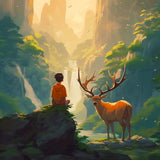 Junge mit Hirsch im Wald - Diamond Painting Kit, beeindruckendes Motiv für kreative Kunstprojekte.