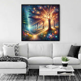 AB Diamond Painting - Waldschein displayed in living room with bright enchanted forest scene and colorful flowers.