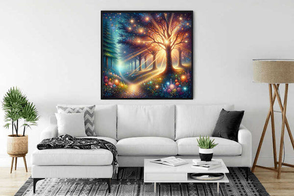 AB Diamond Painting - Waldschein displayed in living room with bright enchanted forest scene and colorful flowers.
