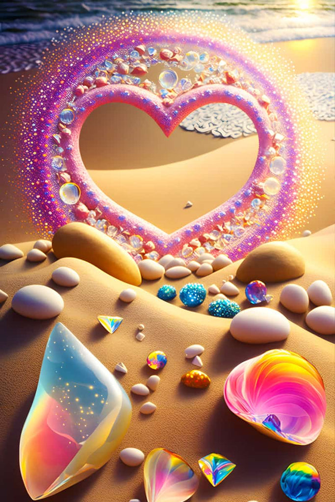 Painting by numbers kit showing a heart-shaped crystal on a beach with colorful gems and seashells, titled Malen nach Zahlen - Herzstrand.