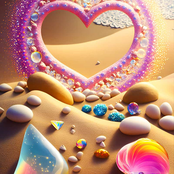 Sparkling diamond heart and colorful gems on a beach, part of a Diamond Painting Kit - Herzstrand