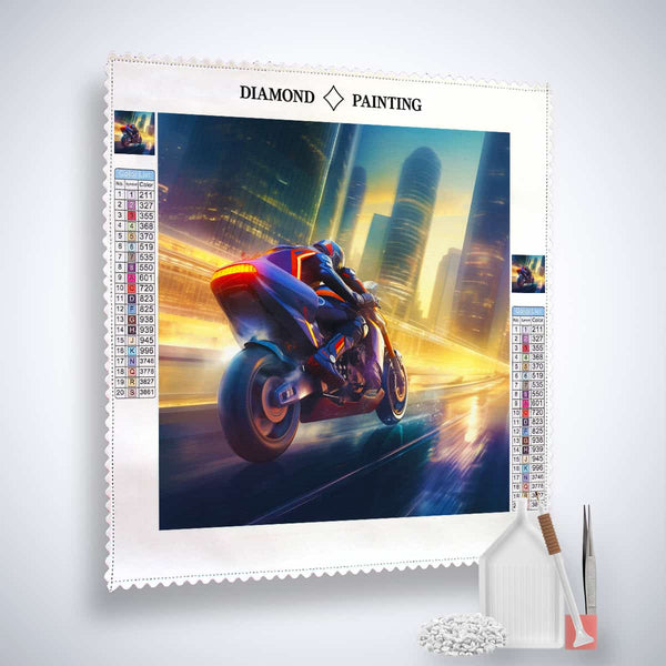 Diamond Painting Kit - Stadtdschungel-Flitzer Motiv mit Motorrad vor Stadtlandschaft, Kit enthält Leinwand, Acryl Diamonds, Pinzette und Setzstift