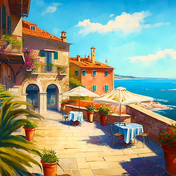 Painting of a Mediterranean seaside terrace with tables, umbrellas, potted plants, and colorful buildings overlooking the ocean on a sunny day.