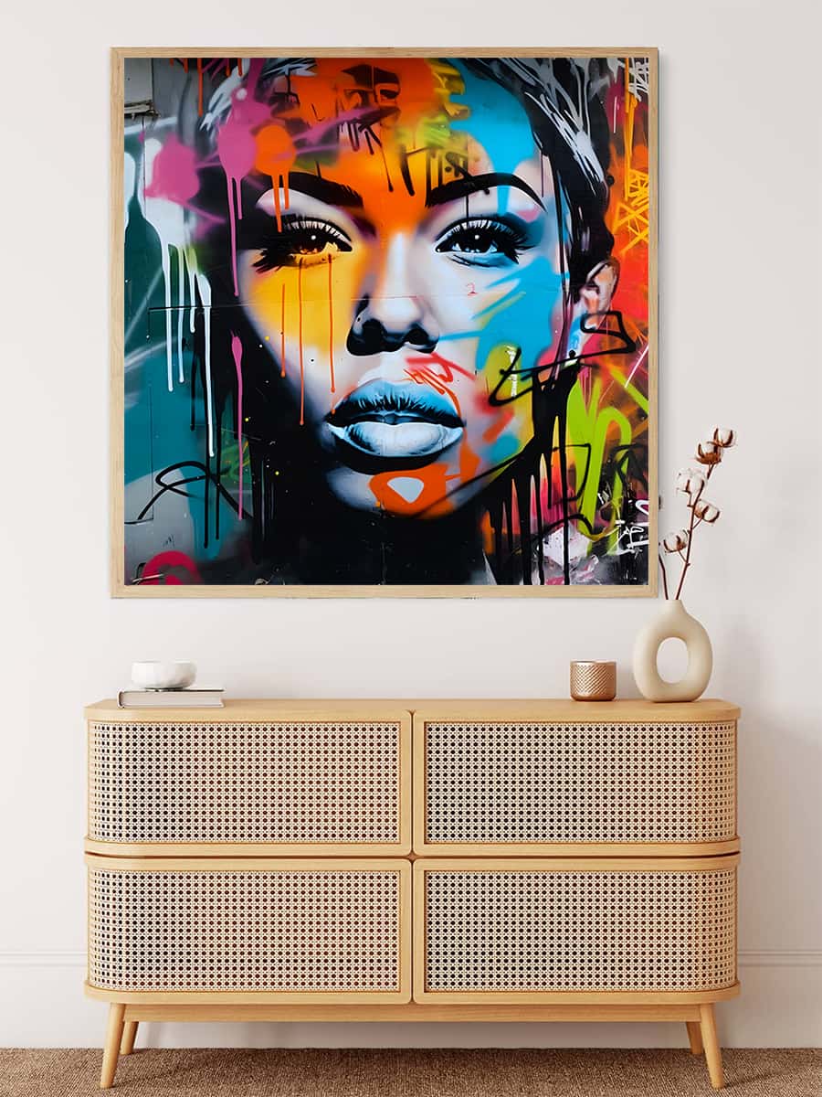 Malen nach Zahlen Sprayart Porträt von Frau, bunte Wandkunst über Kommoden im modernen Einrichtungsstil