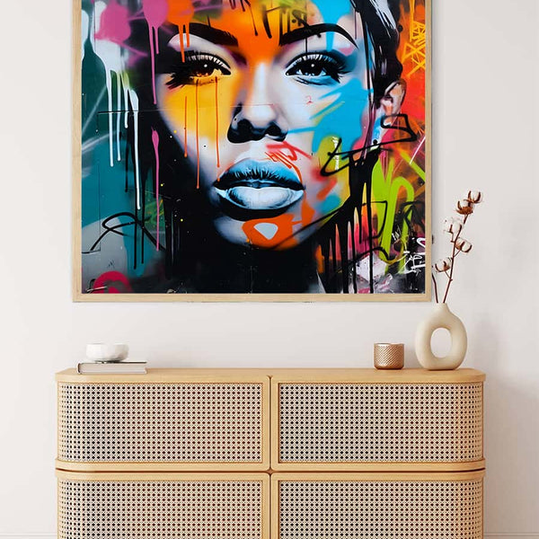 Malen nach Zahlen Sprayart Porträt von Frau, bunte Wandkunst über Kommoden im modernen Einrichtungsstil