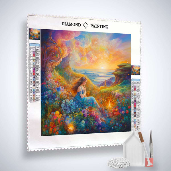 Diamond Painting Kit Verträumte Schönheit im Grünen - Landscape of a woman in a colorful, dreamy green meadow with paint tools.