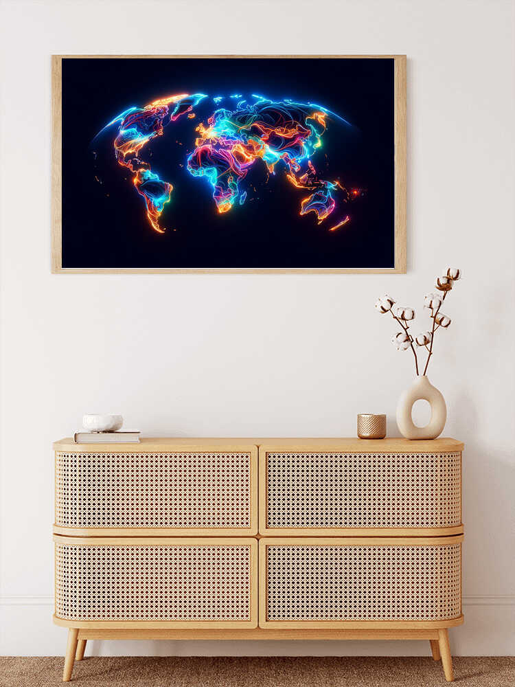 Leuchtende Kontinente Weltkarte Kunstwerk mit neonfarbenen Landmassen an einer weißen Wand über einer modernen Kommode.