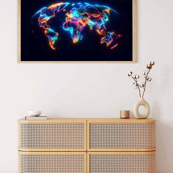 Leuchtende Kontinente Weltkarte Kunstwerk mit neonfarbenen Landmassen an einer weißen Wand über einer modernen Kommode.