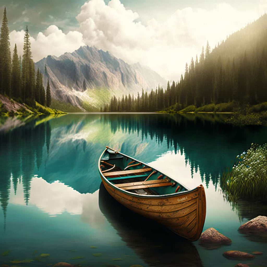 Painting of three boats on a serene mountain lake with pine trees and a reflection of the mountains in the water.