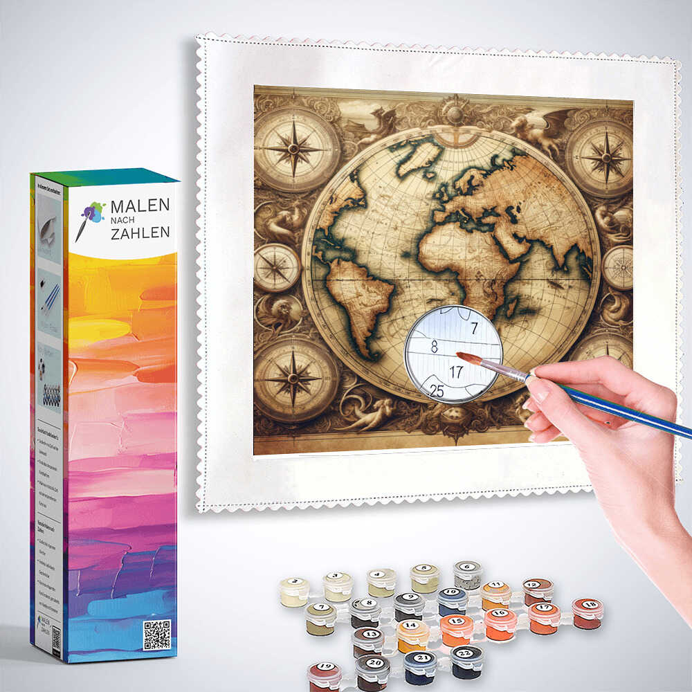 Malen nach Zahlen - Eine Reise durch Zeiten und Meere Produkt-Kit mit antiker Weltkarte und Malutensilien