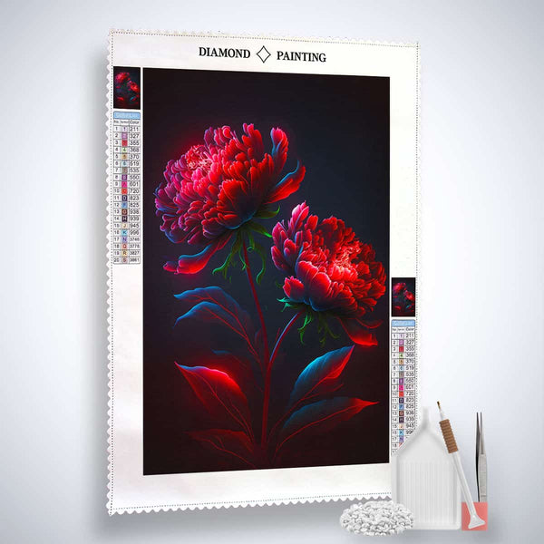 "Diamond painting kit Rosen in der Nacht with a detailed professional canvas, acrylic diamonds, artist tweezers, and set tools."