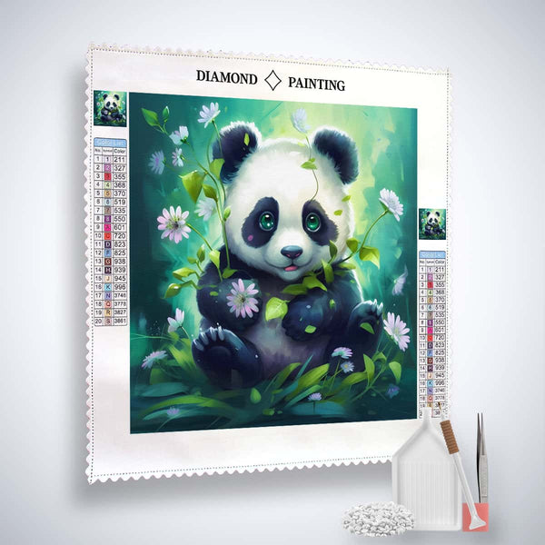 Diamond Painting - Panda isst, Kunst-Kit mit Leinwand, Acryl Diamonds, Pinzette und Profi Setzstift, leuchtendes und faszinierendes Motiv