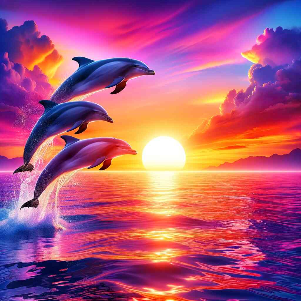 Three dolphins jumping out of the ocean at sunset with vibrant colors in the sky.