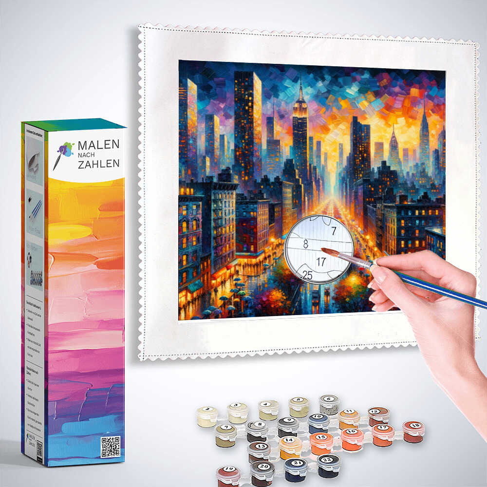 Person painting a vibrant cityscape with Malen nach Zahlen kit, showing paint pots, brush, and a canvas with numbered sections.