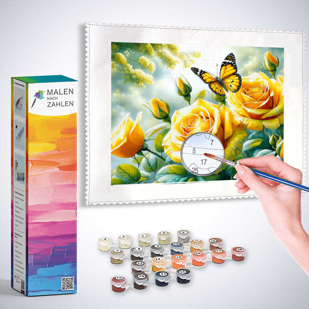 Malen nach Zahlen - Zwei Gelbe Rosen Schmetterling