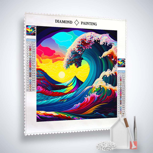 AB Diamond Painting Kit Regenbogenwelle – Colorful wave pattern with acrylic diamonds, artist's tweezers, professional stylus, and canvas