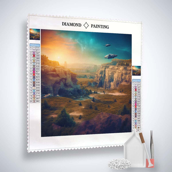 Diamond Painting Kit with Fantasylandscape Green design, including a professional canvas, acrylic diamonds, tweezers, setting pen, and tray.