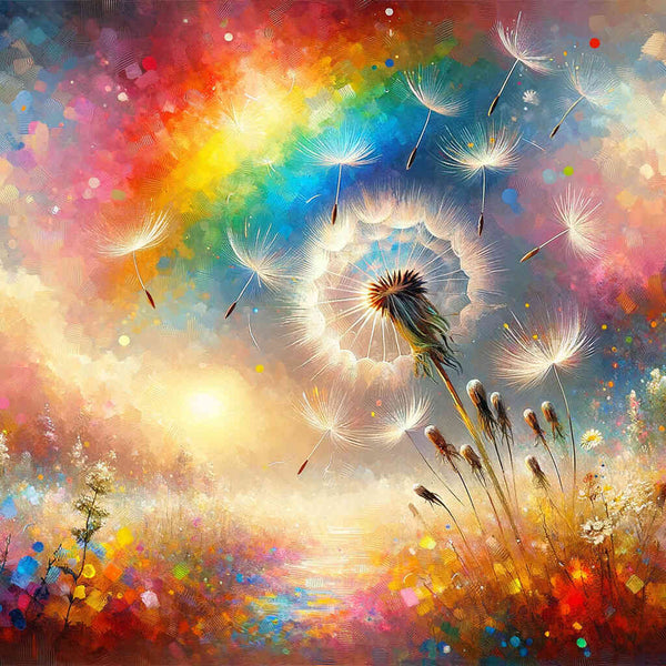 Malen nach Zahlen - Pusteblume vor Regenbogenhintergrund