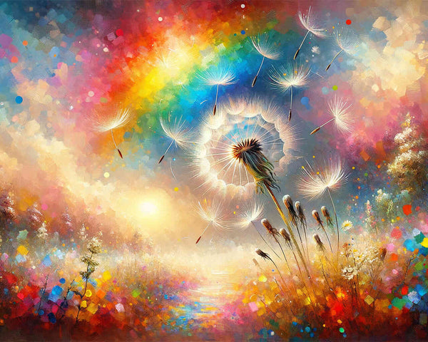 Malen nach Zahlen - Pusteblume vor Regenbogenhintergrund
