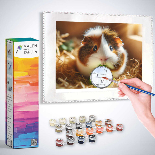 Malen nach Zahlen - Little sweet pig painting kit with hand painting a piglet on canvas, paint colors, and packaging in the background