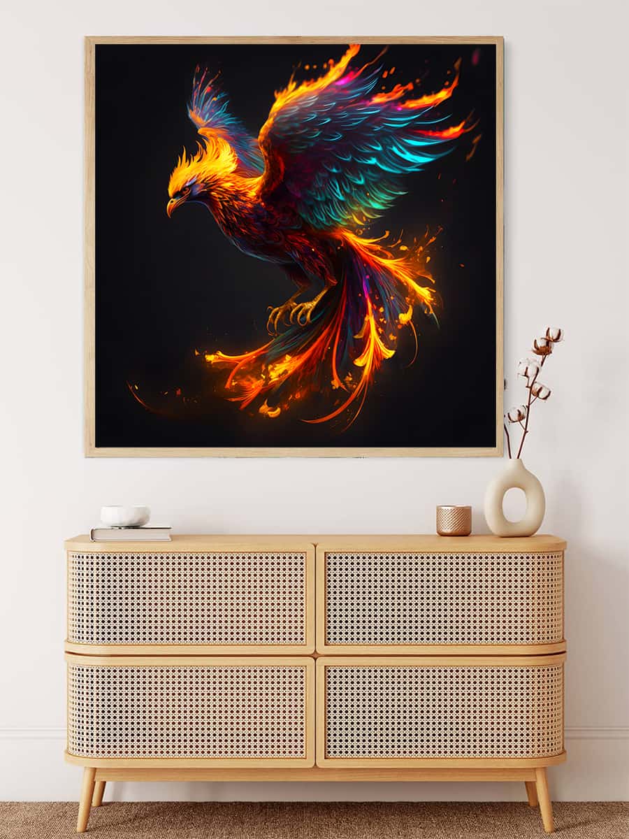 Malen nach Zahlen Kunst - Sturzflug mit farbenprächtigem Vogel im Flug, eingerahmt und über modernem Sideboard im Wohnzimmer.