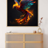 Malen nach Zahlen Kunst - Sturzflug mit farbenprächtigem Vogel im Flug, eingerahmt und über modernem Sideboard im Wohnzimmer.