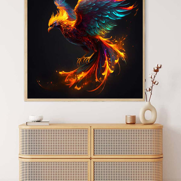 Malen nach Zahlen Kunst - Sturzflug mit farbenprächtigem Vogel im Flug, eingerahmt und über modernem Sideboard im Wohnzimmer.