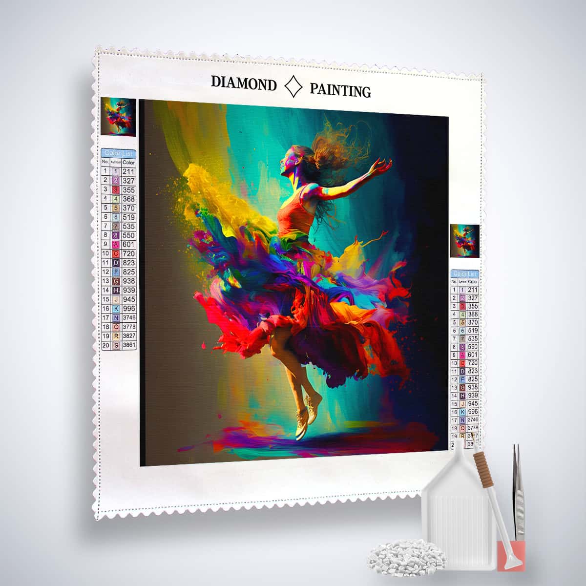 AB Diamond Painting Kit - Bunter Tanz mit Frau, inklusive Leinwand, Acryl Diamonds, Pinzette und Setzstift.