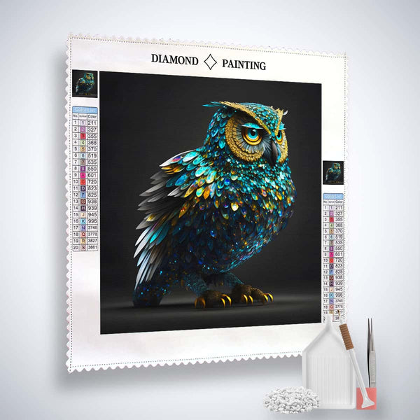 Diamond Painting Kit - Eule in der Nacht Türkis with tools and materials