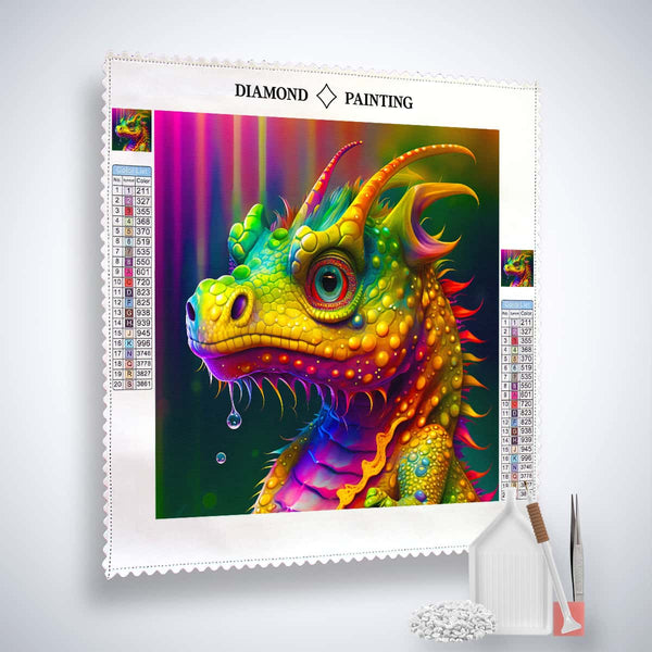 Farbenfroher Drache Diamond Painting Kit mit Leinwand, Acryl Diamonds, Pinzette und Setzstift für funkelnde Kunstwerke.