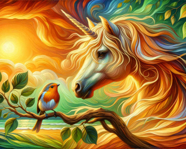 Malen nach Zahlen - Einhorn mit Rotkehlchen