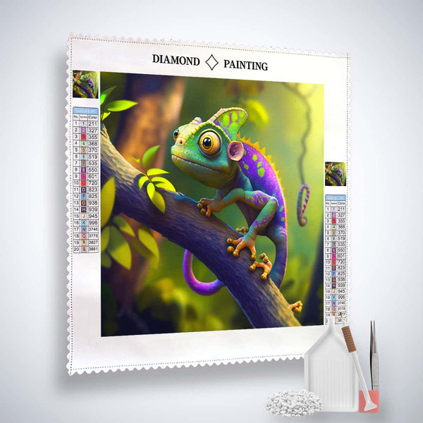 Diamond Painting Kit of green chameleon on a branch with included tools and accessories for creating sparkling artwork.