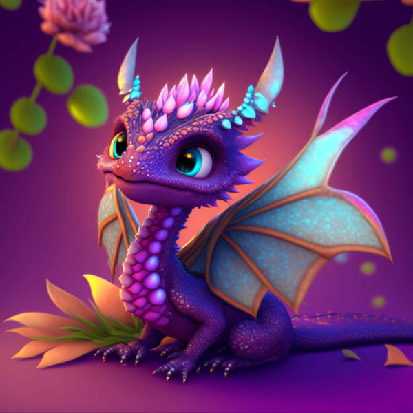 Purple dragon with sparkling scales and wings, sitting on a flower, surrounded by green and pink floral background.