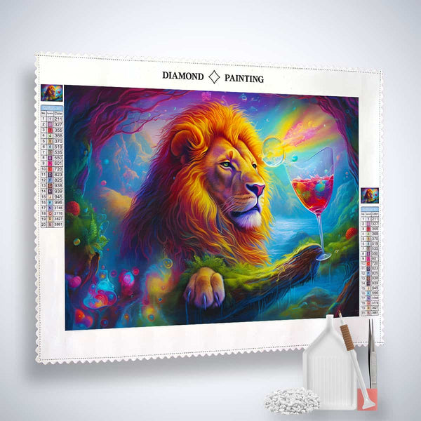 AB Diamond Painting - Löwenspiel vibrant lion art with drink, complete diamond painting kit with canvas, acrylic diamonds, and tools.