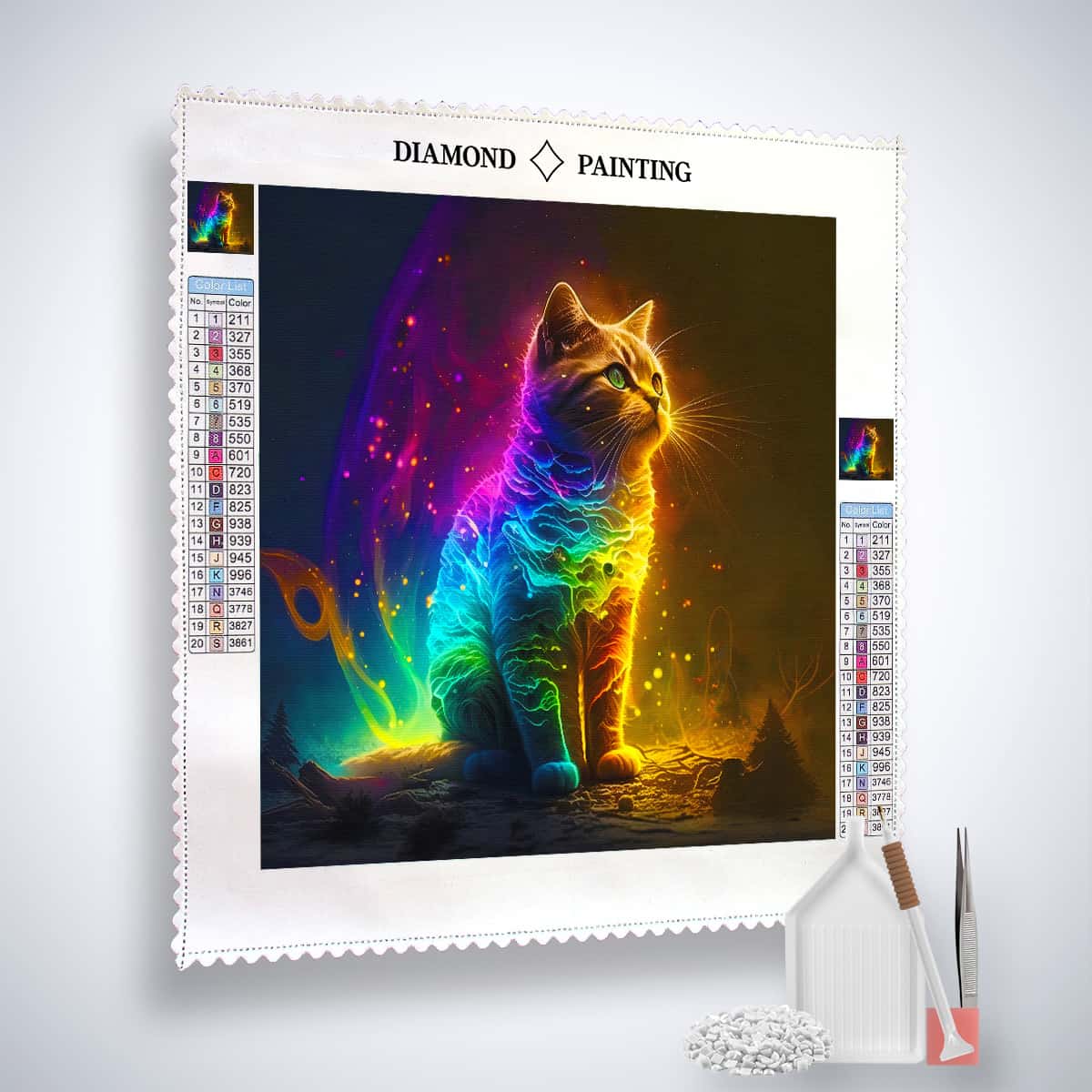 AB Diamond Painting Kit featuring a neon cat in space with vibrant acrylic diamonds on a professional canvas and included tools.