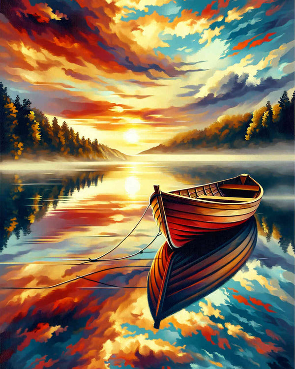 Malen nach Zahlen - Boot im See Abendstimmung